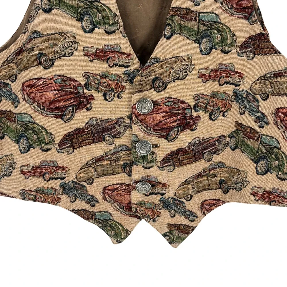 Vintage‎ Tapestry Vest Classic Cars Antique Auto Print Military Crest Buttons L